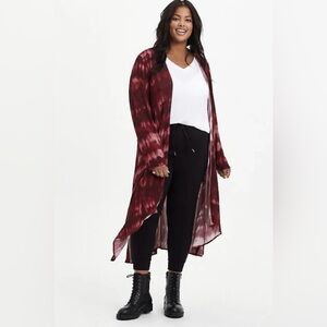 TORRID GAUZE KIMONO Wine Red Tie Dye Duster Boho Retro NWT Size 1X